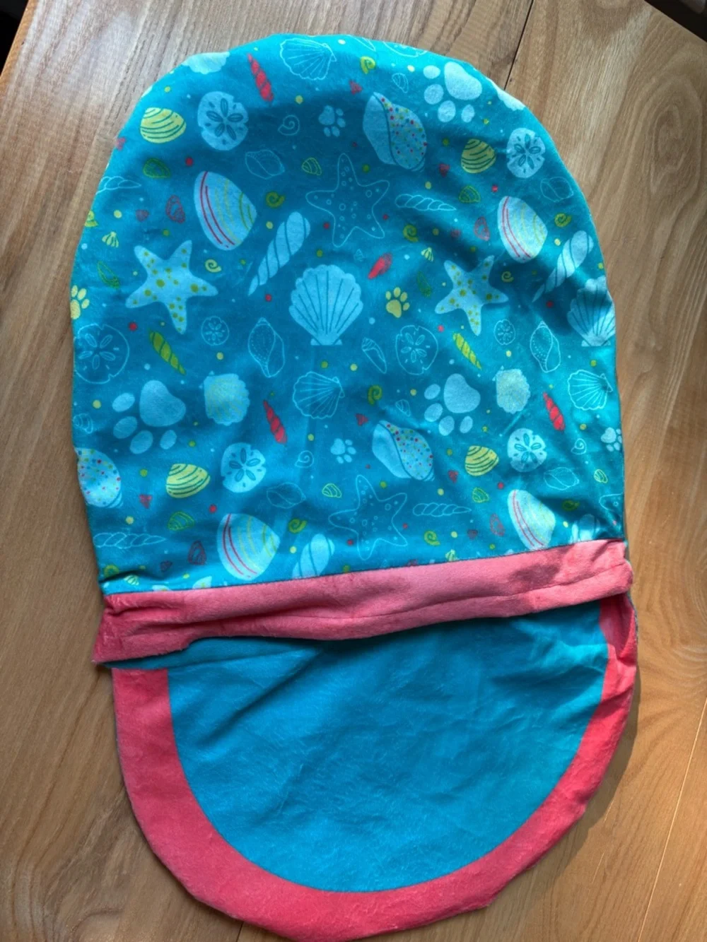Turquoise Seashell Print Crinkle Pouch with Coral Trim (for cats)